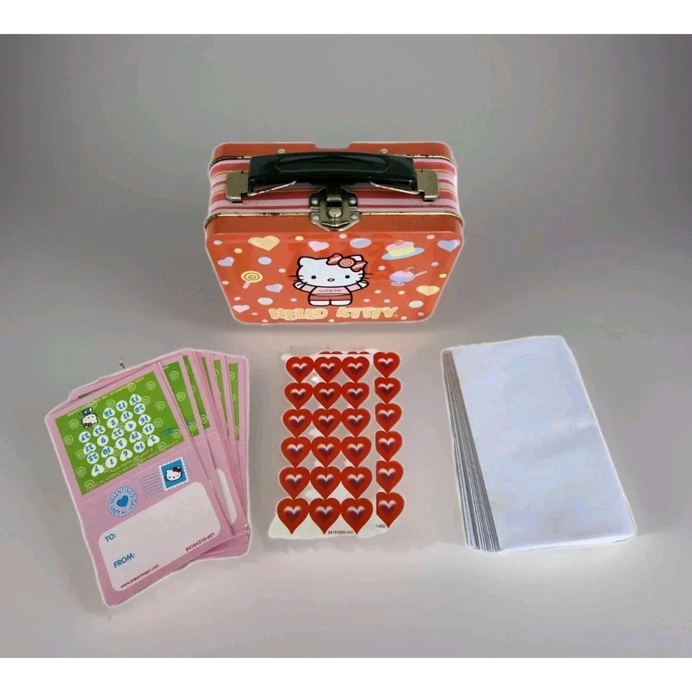 53 Pcs VTG Sanrio Hello Kitty V-Day Lunchbox Tin + Cards & 10 Merchandise Tags